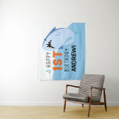 Kinder 1e Shark Birthday Party Custom Backdrop Boy Wandkleed (In situ)