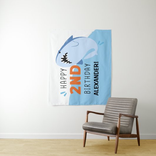 Kinder 2e Shark Birthday Party Custom Backdrop Boy Wandkleed (In situ)