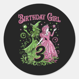 Kinder 3e verjaardag heks roze en groen 3 jaar oud ronde sticker