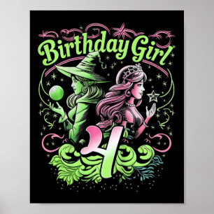 Kinder 4e verjaardag heks roze en groen 4 jaar oud poster
