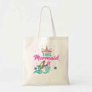 Kinder 4e verjaardag meisje unicorn mermaid Tail 4 Tote Bag
