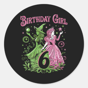 Kinder 6e verjaardag heks roze en groen 6 jaar oud ronde sticker