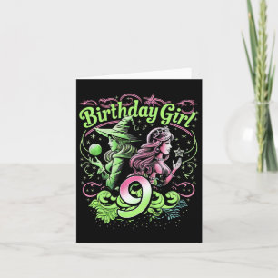 Kinder 9e verjaardag heks roze en groen 9 jaar oud kaart