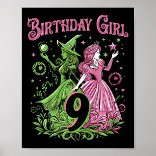 Kinder 9e verjaardag heks roze en groen 9 jaar oud poster