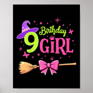 Kinder 9e verjaardag heks roze en groen 9 jaar oud poster