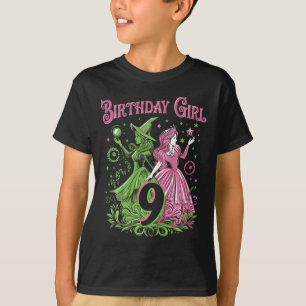Kinder 9e verjaardag heks roze en groen 9 jaar oud t-shirt