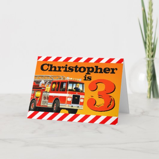 Kinder aangepaste naam Red Fire Truck Happy 3rd Bi Kaart (Voorkant)