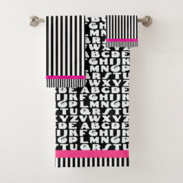 Kinder alfabet zwarte strepen Hot Pink Bad Handdoek