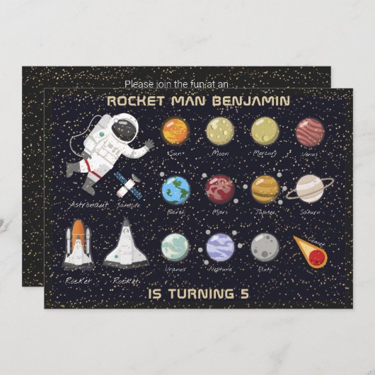 Kinder Astronaut Solar System Monogram 5e verjaard Kaart (Voorkant / Achterkant)