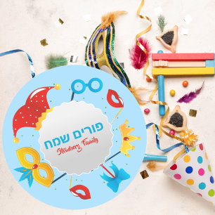 Kinder blauw Hebreeuws Happy Purim Ronde Sticker