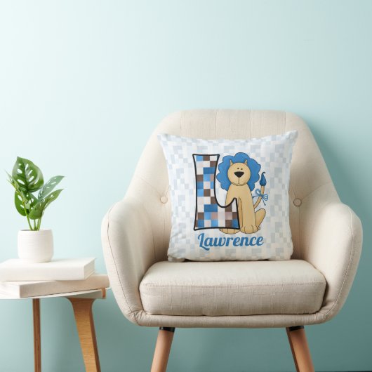 Kinder blauw patchwork Lion Monogram Letter L Kussen (Stoel)