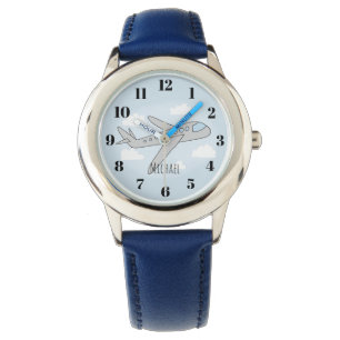 Kinder blauw-vliegtuigCartoon en naamcabine Horloge