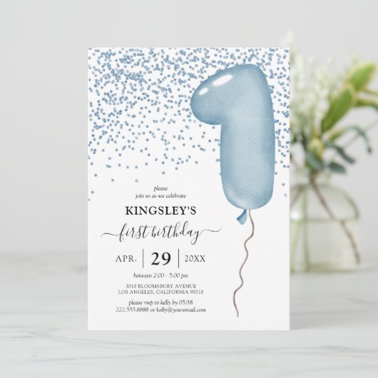 Kinder Blauwe Eerste Ballonuitnodiging Kaart (Staand voorkant)