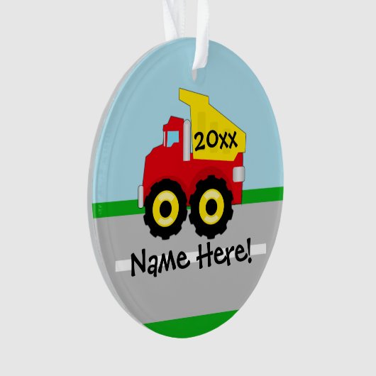 Kinder boogconstructiedumptruck ornament (voorkant)