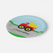 Kinder boogconstructiedumptruck papieren bordje (Gekanteld)