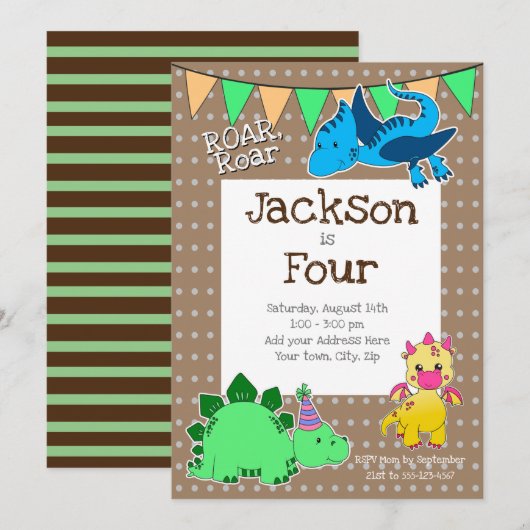Kinder bruine dinosaurus 4e verjaardagsfeest kaart (Voorkant / Achterkant)