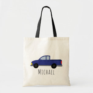 Kinder Cute Boys Blue Pickup Truck Cartoon Name Tote Bag