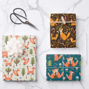 Kinder Cute Happy Foxes die in het Gemengd Bos spe Inpakpapier Vel