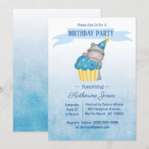 Kinder Cute Hippo met een blauwe Cupcake Birthday Kaart