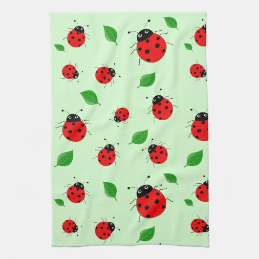 Kinder Cute Red ladybug en groen verlof op verloop Theedoek (Verticaal)
