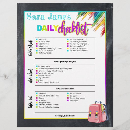 Kinder Dagelijkse School Checklist Grafiek Flyer (Voorkant)