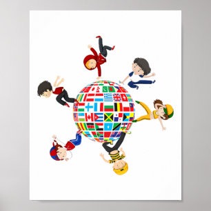 Kinder dansen rond de Wereldbollen vlaggen van de  Poster