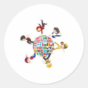 Kinder dansen rond de Wereldbollen vlaggen van de Ronde Sticker