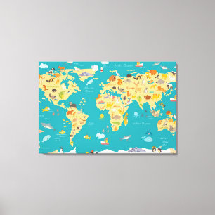 Kinder dierenkaart van de wereld canvas afdruk