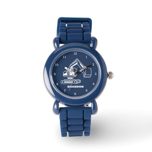 Kinder Digger Boys Blauw Aangepaste Naam Horloge (Voorkant)