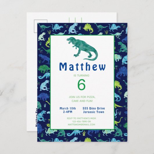 Kinder Dinosaur Birthday Party T-Rex Uitnodiging (Voorkant / Achterkant)