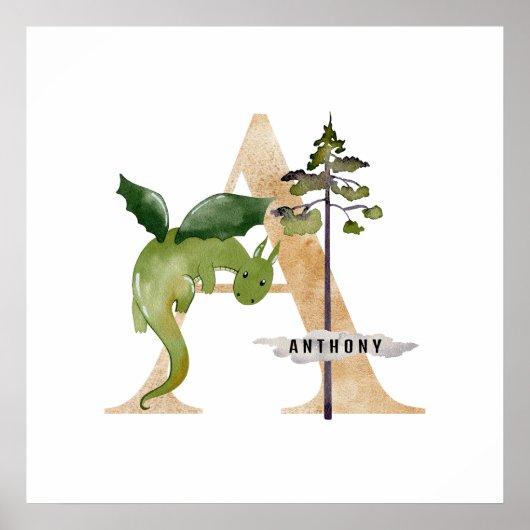 Kinder Dragon Custom Name Monogram Een Kwekerij Ka Poster (Voorkant)