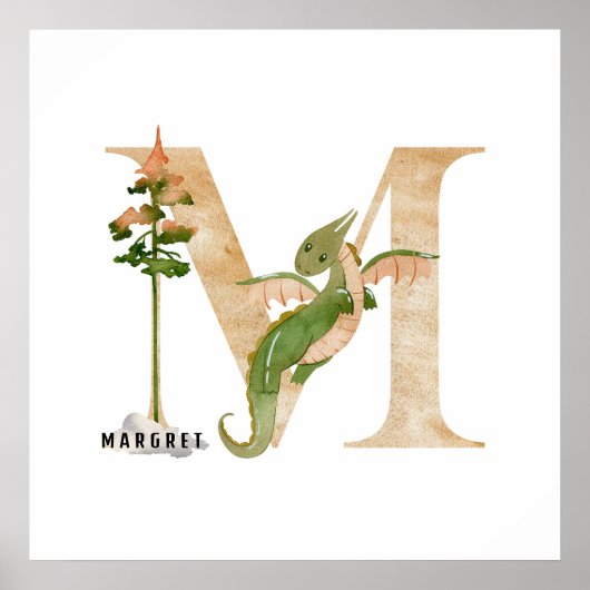 Kinder Dragon Custom Name Monogram M Nursery Room Poster (Voorkant)