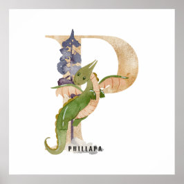 Kinder Dragon Custom Name Monogram P Nursery Room Poster