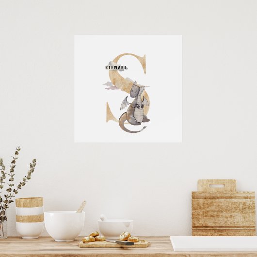 Kinder Dragon Custom Name Monogram S Nursery Room Poster (Keuken)