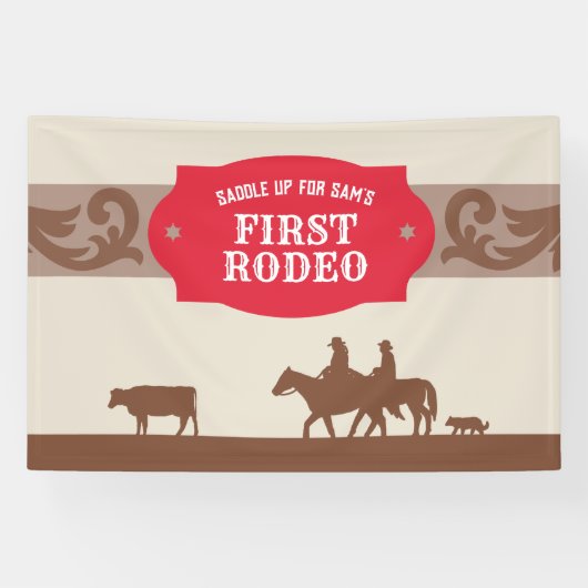 Kinder eerste rodeo rood Western verjaardagsfeestj Spandoek (Horizontaal)