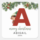 Kinder Elf Initiaal A Christmas Vierkante Sticker (Voorkant)