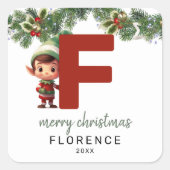 Kinder Elf Initiaal F Kerst Vierkante Sticker (Voorkant)