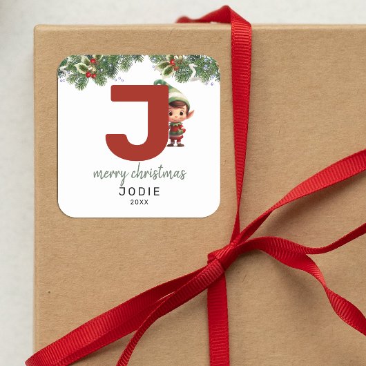 Kinder Elf Initiaal J Christmas Vierkante Sticker