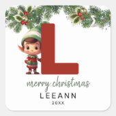 Kinder Elf Initiaal L Kerst Vierkante Sticker (Voorkant)