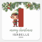Kinder Elf Initiaal met kerst Vierkante Sticker (Voorkant)