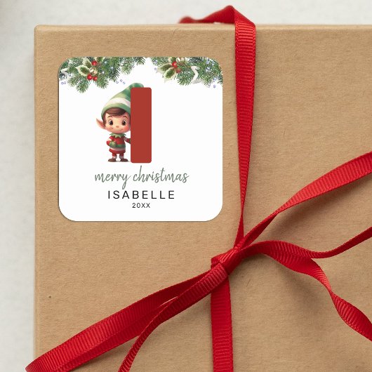 Kinder Elf Initiaal met kerst Vierkante Sticker