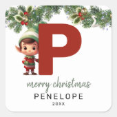 Kinder Elf Initiaal P Christmas Vierkante Sticker (Voorkant)