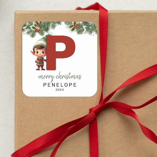 Kinder Elf Initiaal P Christmas Vierkante Sticker