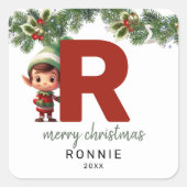 Kinder Elf Initiaal R Kerst Vierkante Sticker (Voorkant)