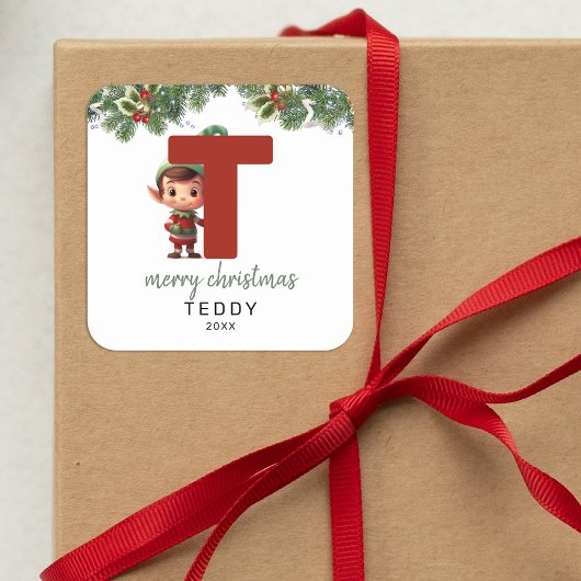 Kinder Elf Initiaal T Christmas Vierkante Sticker