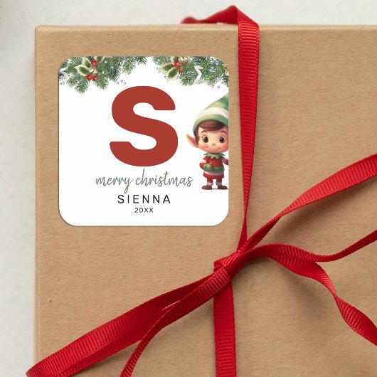 Kinder Elf Initiaal's Christmas Vierkante Sticker