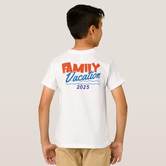 Kinder Familiecruise Blauw/Sinaasappel PERSONALISE T-shirt (Achterkant volledig)