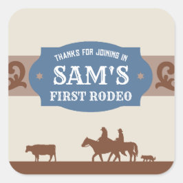 Kinder FIrst Rodeo Blauw/Bruin Western Verjaardags Vierkante Sticker