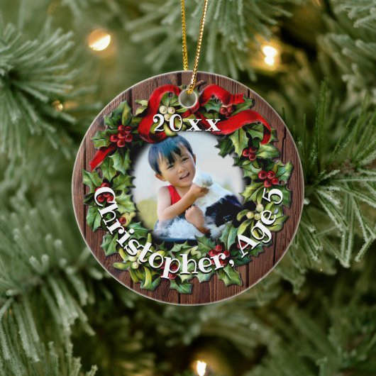 Kinder Foto Holly Wreath Keepomwille Family Keramisch Ornament (Boom)