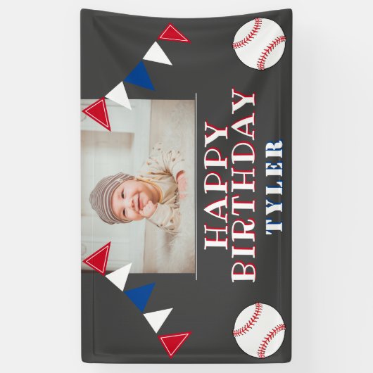 Kinder foto van Cute Baseball Flags Birthday Party Spandoek (Verticaal)